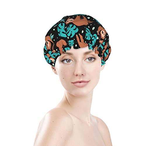 IDNUYIA Cute Sloth Shower Cap For Women, Layers Bathing Shower Reusable Elastic Band Stretch Hem Hair Hat