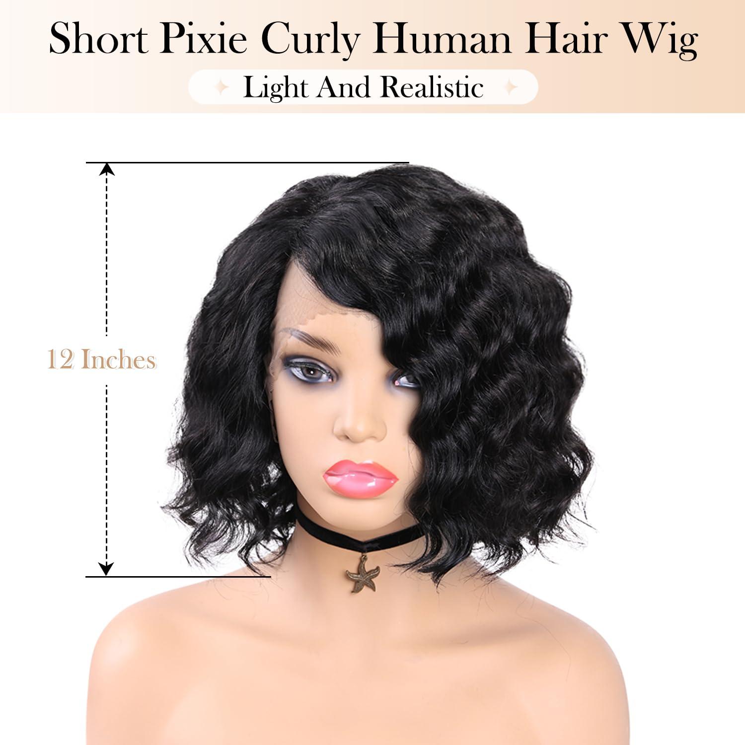 WIGER WIGER Short Curly Lace Frontal Human Hair Wigs for Black Women Black HD Lace Curly Bob Lace Front Hair Transparent Lace Glueless Human Hair Wigs Water Wave Closure Wigs (12 Inches)