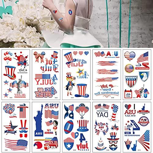 RYAOLFLY Fourth of July Tattoos sticker Temporary Tattoo Body Face Art Waterproof America, Red Blue Party Tattoos for Parade favors patriotic Decoration for Independence Day Labor Day Arm Waist(10 Sheet)