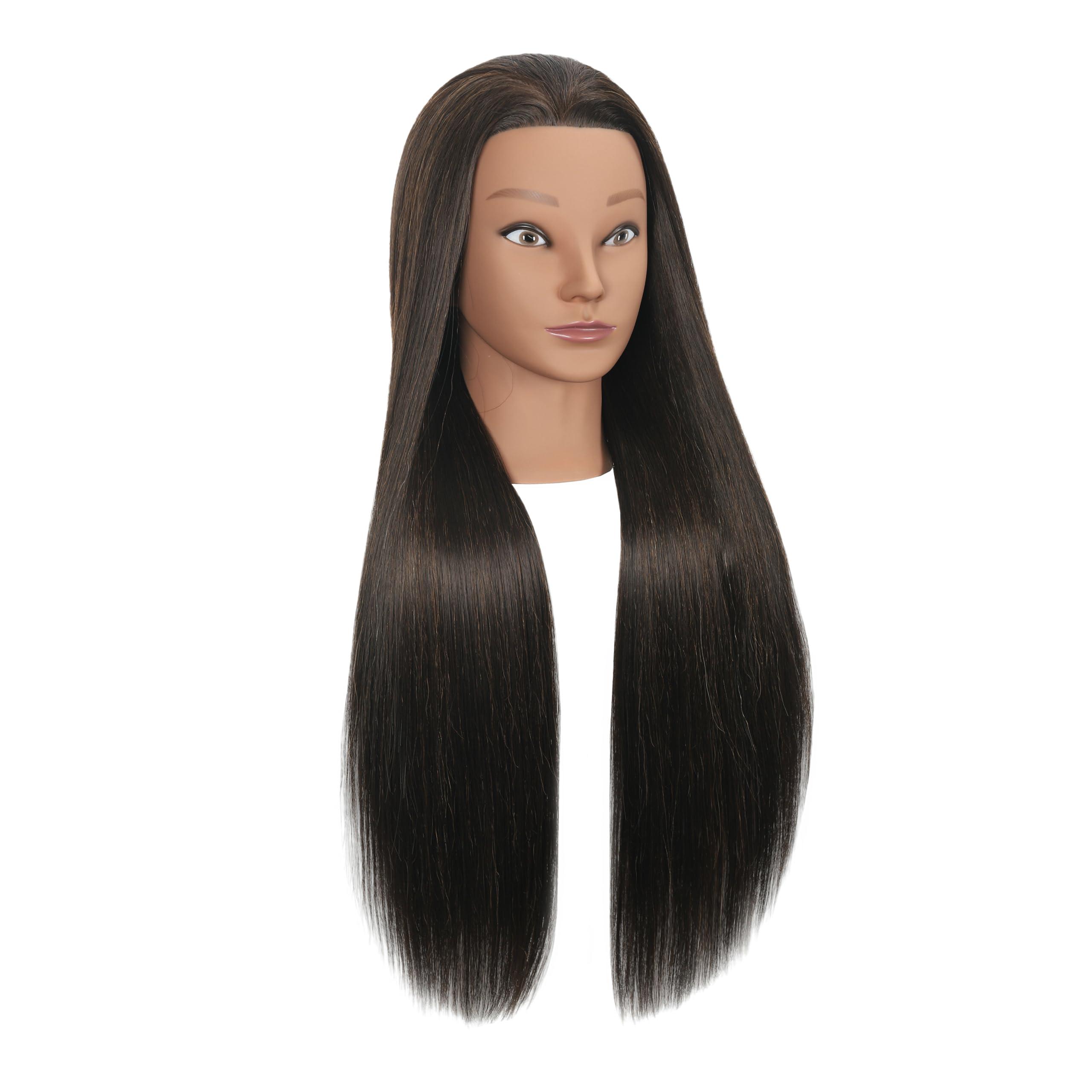 EVATEC EVATEC 30 Inch Long Brown Real 80% Human Hair Mannequin Head with Stand for Hairdresser Practice Braiding Styling Cosmetology Manikin Manican Doll Training Head