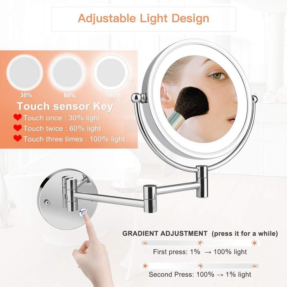 SEnyah SEnyah Wall Mounted Shaving Mirror 10X Magnification Double Sided Folding LED Bathroom Mirror Retractable 360Swivel Illuminated Makeup Mirror, Concealed Install, 8.5 Inches
