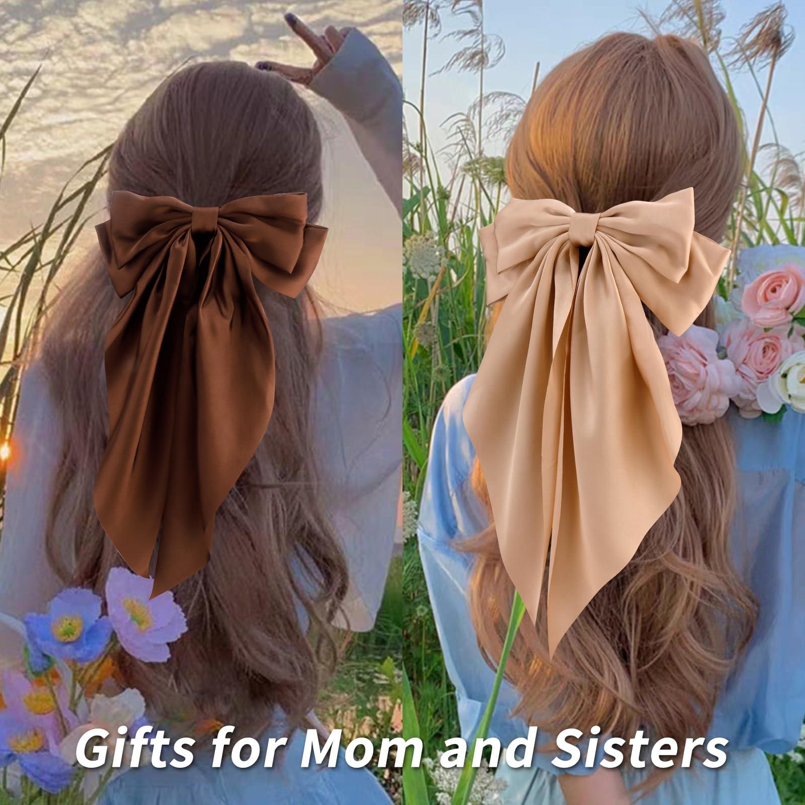 VELSCRUN Velscrun Hair Bows for Women Girls 3Pcs Brown Series Hair Bow Big Hair Bows Clip Silky Satin Large Hair Ribbons Oversized Long Tail Hair Bows Hair Barrettes Hair Accessories Gifts for Sisters