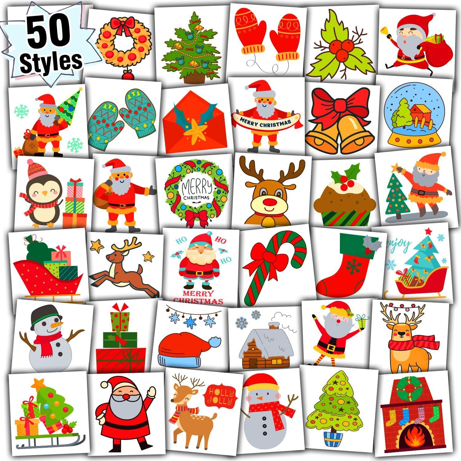 PARTYWIND Partywind Kids Christmas Party Supplies, 50 Styles Individually Cut Temporary Tattoos for Christmas Stocking Stuffers, Christmas Holiday Party Decorations with Santa/Snowman/Snowflake