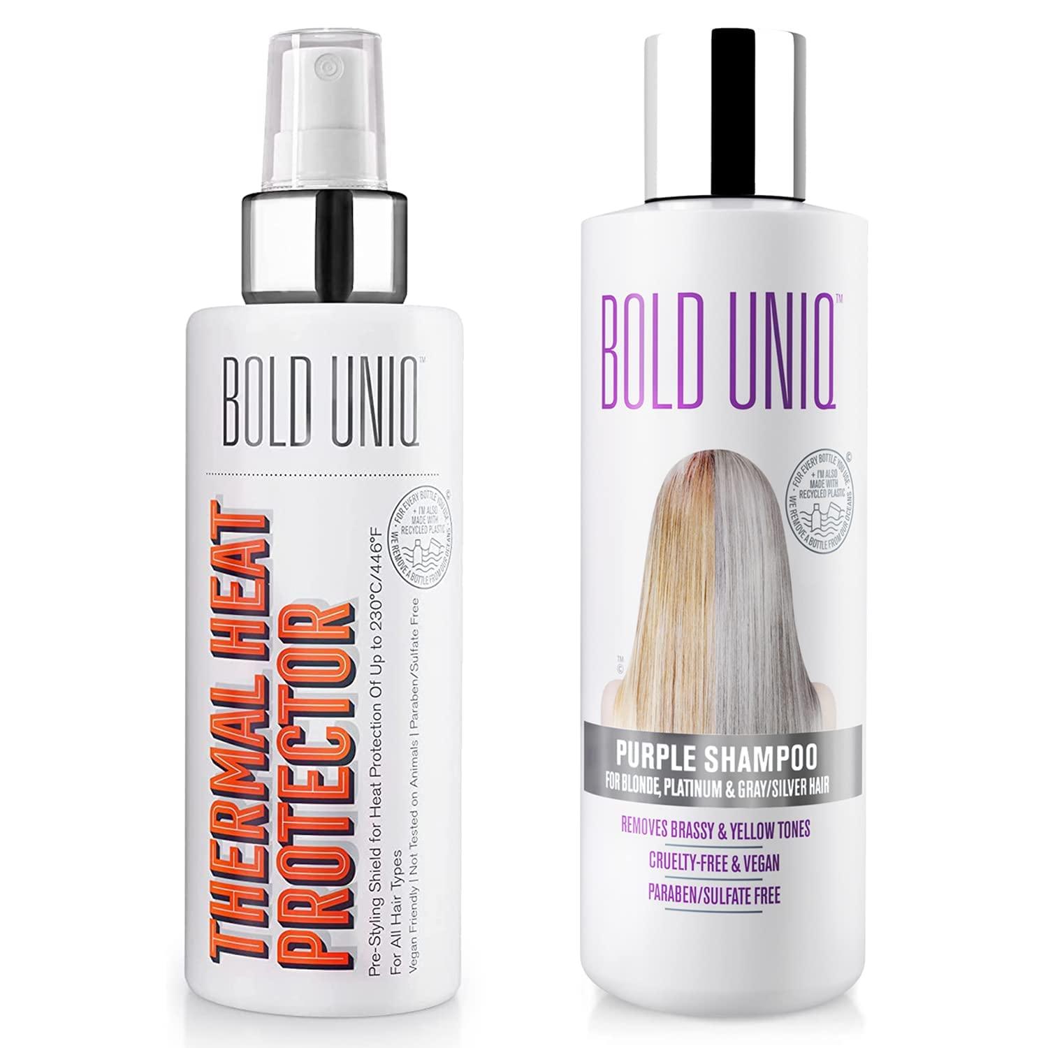 BOLD UNIQ BOLD UNIQ Heat Protectant Spray for Hair & Purple Shampoo Bundle. Thermal Protector up to 450ºF. Eliminates Brassy tones from Blonde, Platinum, Ash, Silver & Gray Hair. Sulfate-Free