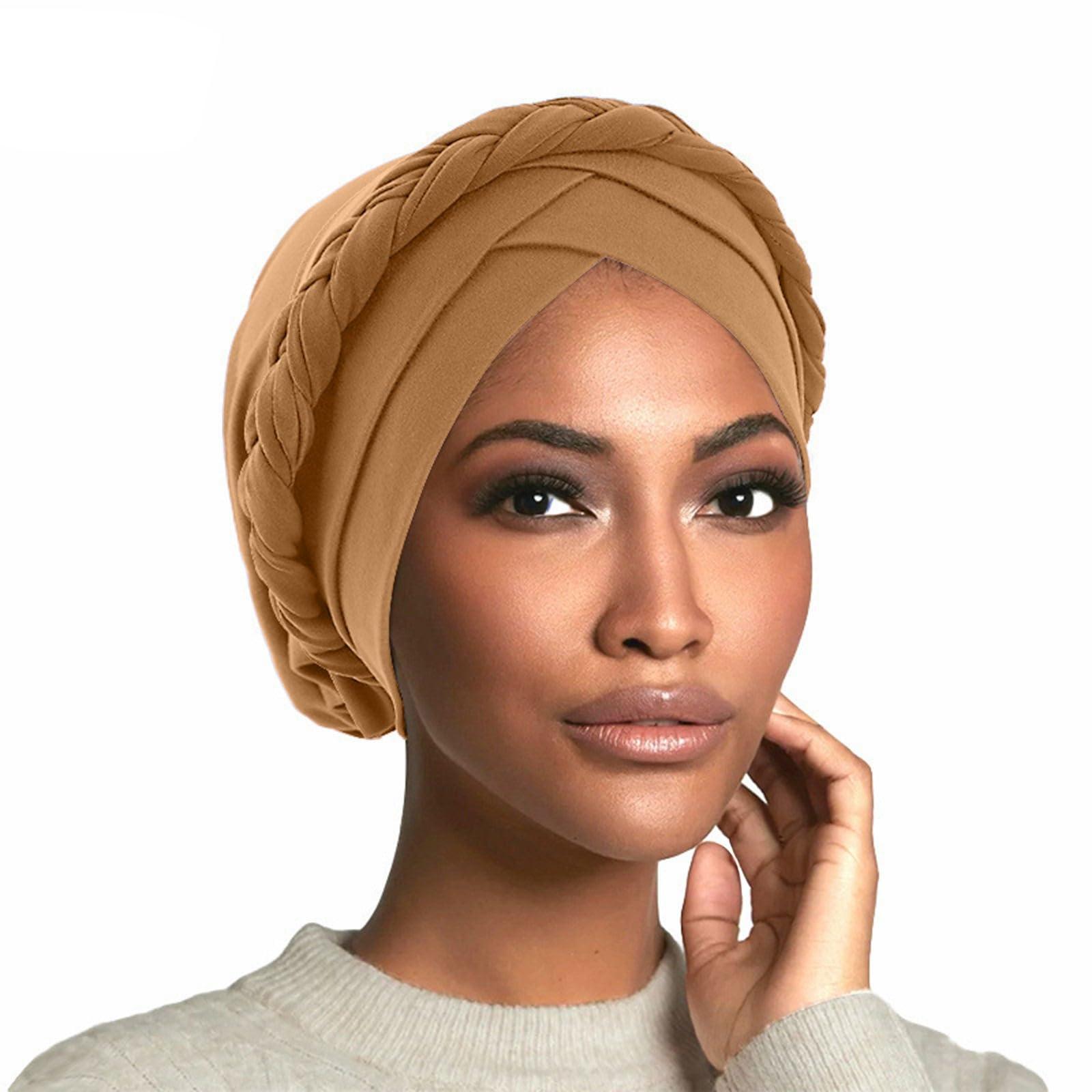 Generic Women African Turban Head Wraps Caps Twisted Braid Beaded Elastic Wrap Cap Headwrap Cancer Hair Cover Hair Loss (Khaki, One Size)