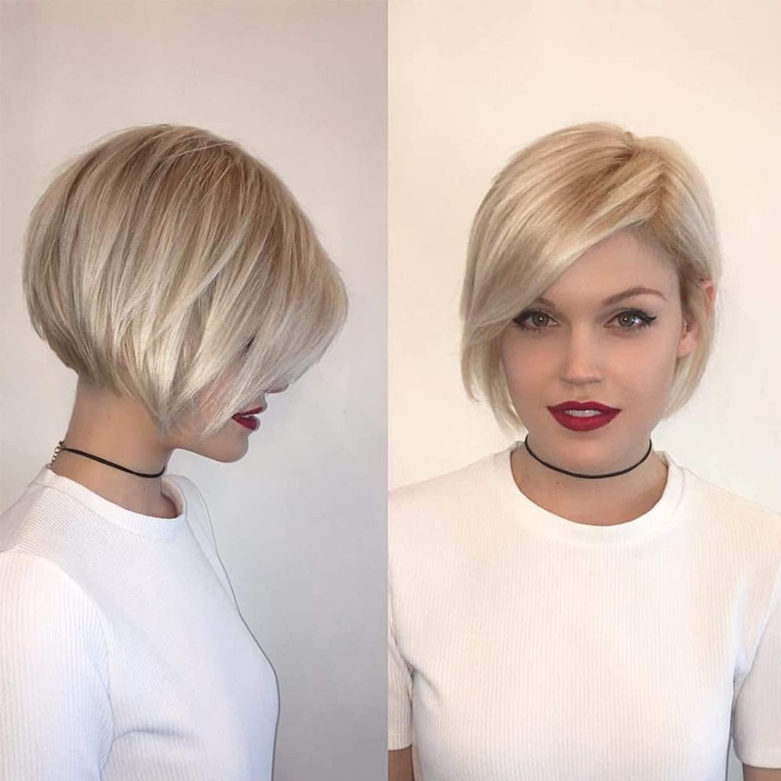 TISHINING TISHINING Layered Short Blonde Bob Wigs for White Women Chin Length Ash Blonde Side Part Pixie Bob Wig Straight Hair Synthetic Natural Looking Daily Party Wig Inverted Bob Wig