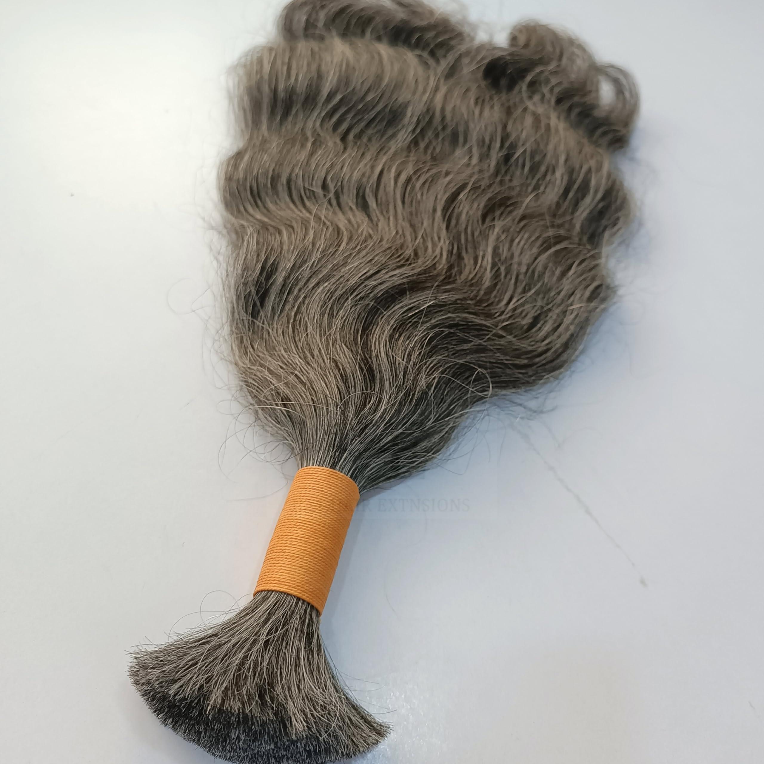 Hat Hair Extensions 100% Natural Raw Unprocessed Hair Extensions (Grey), Indian Grey Braiding Wavy Human Grey Hair Extensions salt and pepper. non-sewn bulk/braid grey salt and pepper human hair. (14 Inches)