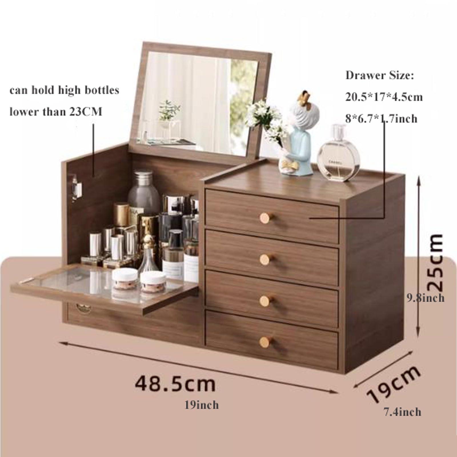 SGUM-SR Makeup Storage Organizer Wooden Makeup Organizer with 4 Drawers and Built-in Mirror, Sturdy Solid Wood Storage Box for Makeup, Accessories, Jewelry and More, Compact Dressing Table Organizer Cosmetics