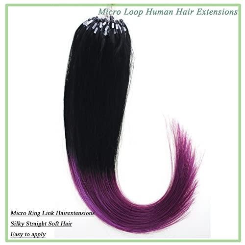 Yotty Yotty Micro Loop Human Hair Extensions Microbeads Link Premium Remy Hair Ombre Black to Purple 20inch 100strands 50gr