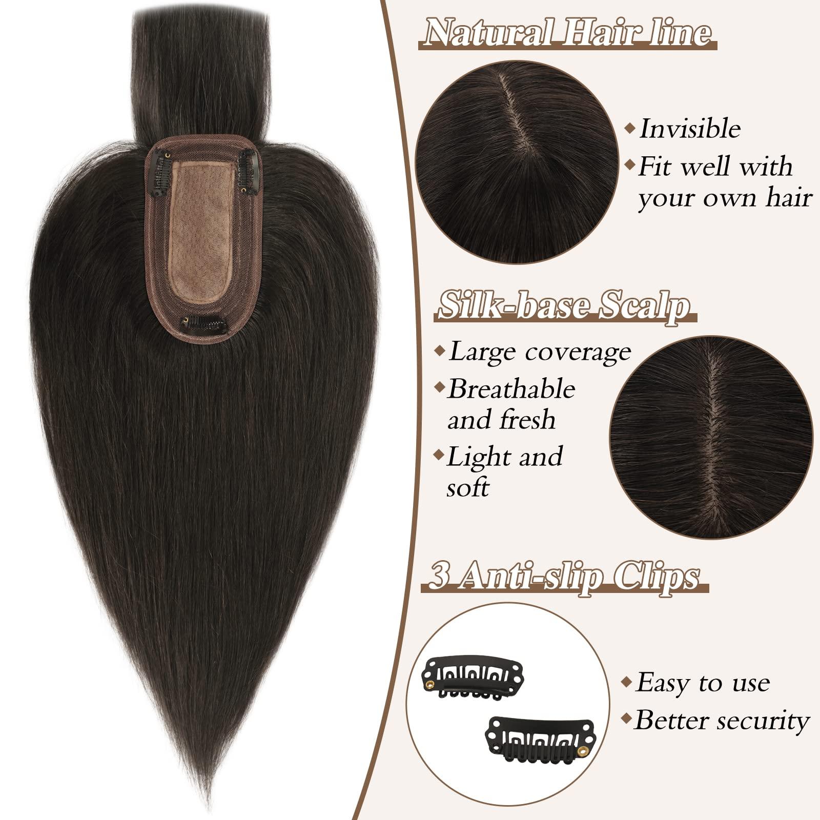 RUWISS RUWISS Human Hair Topper with Bangs Crown Topper Hair Pieces for Women Short Wiglet Topper for Thinning Hair 7.5 * 13CM Silk Base 100% Real Human Hair Clip in Topper 10Inch 35gNatural Black