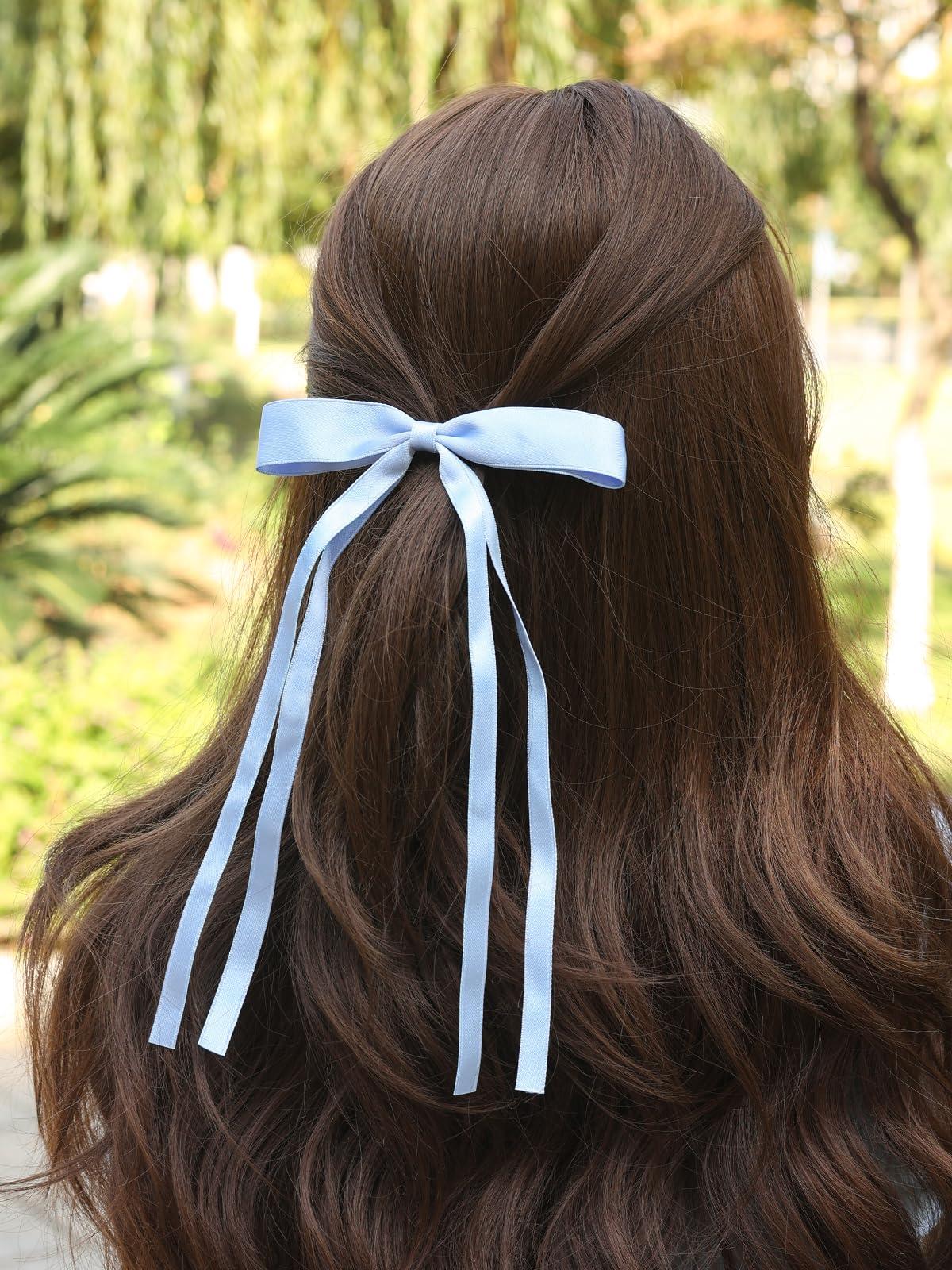 LFOUVRE Navy Blue Bow with 12pcs Ribbon Hair Bows for Women