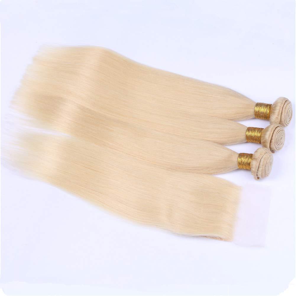 Tony beauty hair Tony Beauty Hair #613 Blonde Straight Human Hair 3 Bundles with Closure Bleach Blonde Brazilian Hair Weave Wefts with Closure Silky Straight Hair Bundles with 4x4 Lace Closure (18 20 22+16)
