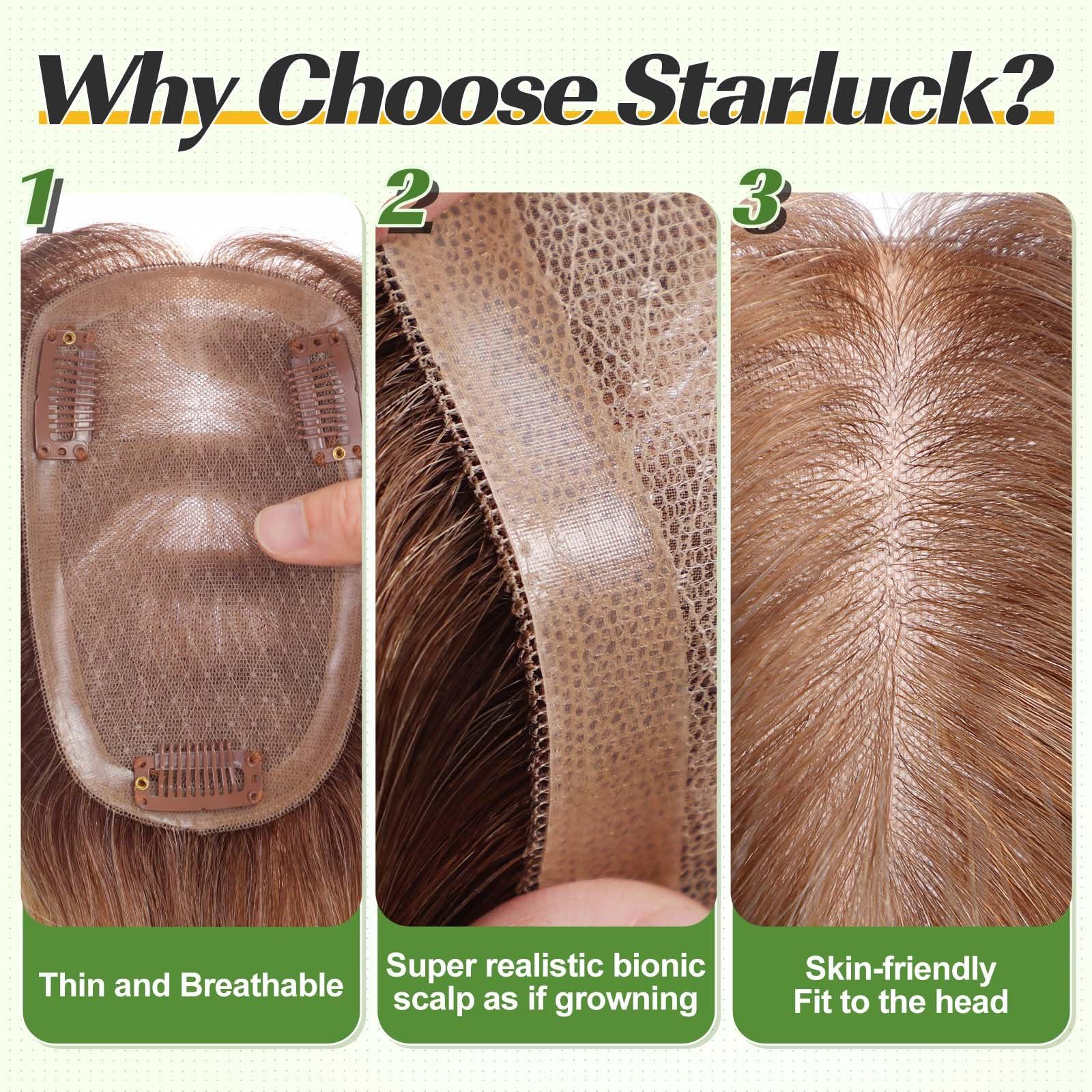 starluck starluck Hair Toppers for Women 100% Real Human Hair, 12 Inch Black Brown No Bangs, Pure Hand-Tied Silk Base with 3 Clips in Wiglets Toppers,Human Hair Toppers for Women with Thinning Hair