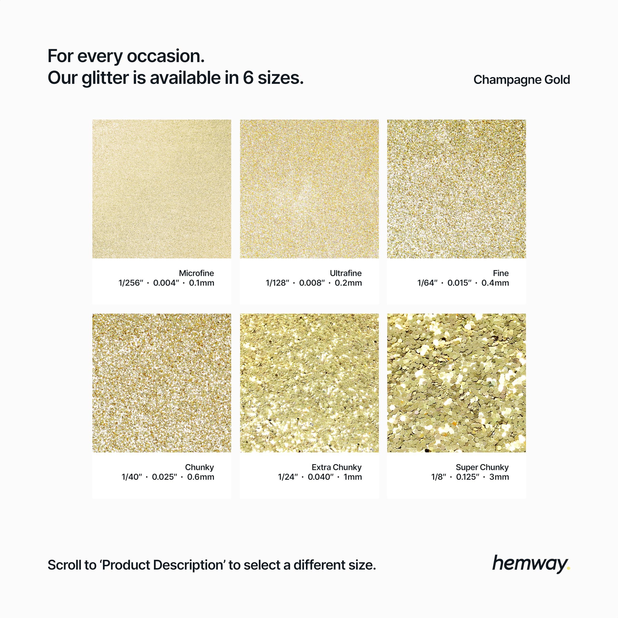 Hemway Hemway Premium Ultra Sparkle Glitter Multi Purpose Metallic Flake for Arts Crafts Nails Cosmetics Resin Festival Face Hair - Champagne Gold - Super Chunky (1/8" 0.125" 3mm) 100g / 3.5oz