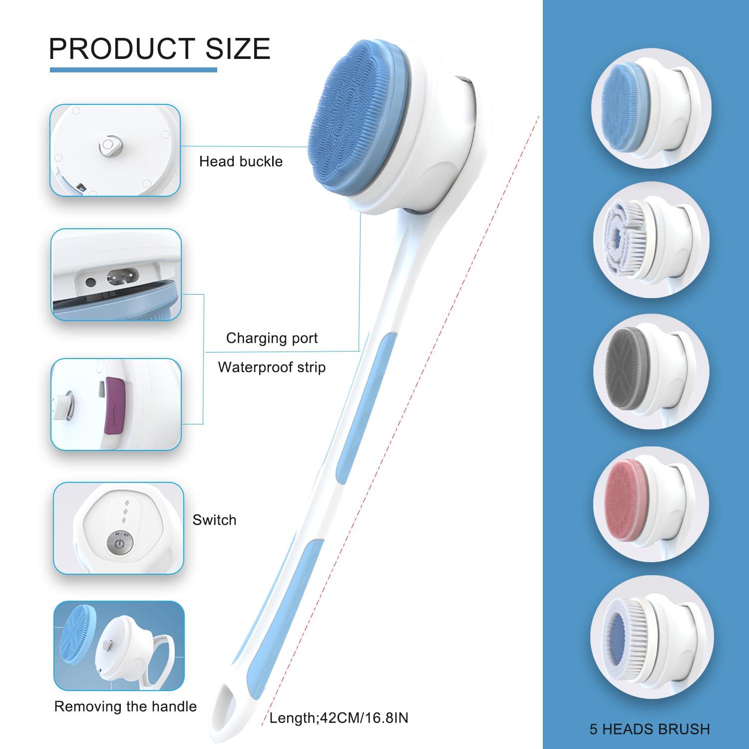 PeaMirmy Electric Body Brush,5 Attachments Brush Heads Electric SPA Brush Spin Scrubber for Shower Bathing Cleansing Wash Deep Cleaning with Silicone Rechargeable IPX7 Waterproof