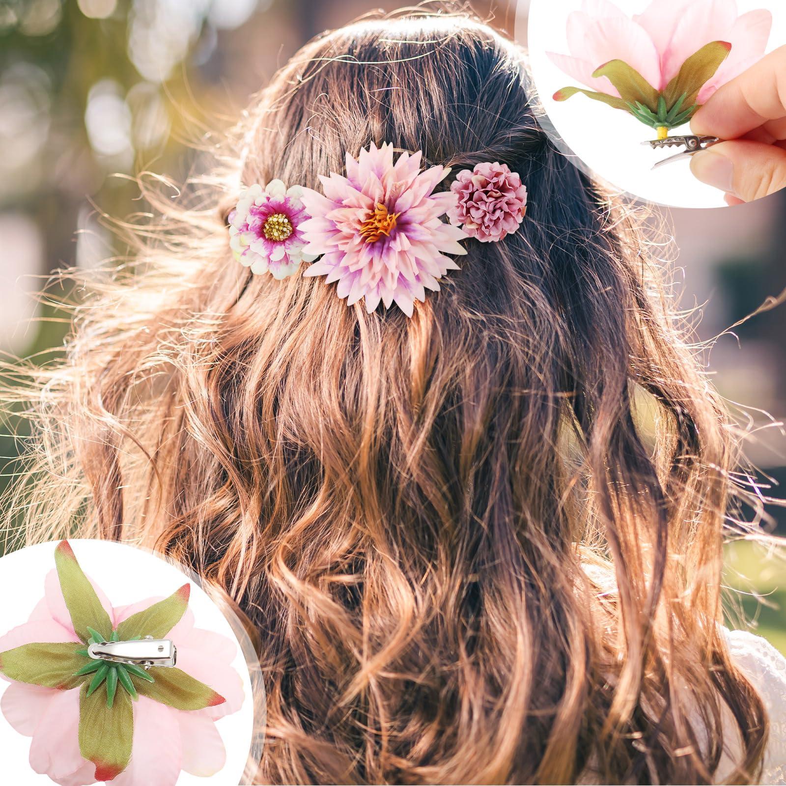 Giesiery 36 Pcs Flower Hair Clips Artificial Hair Flowers Clips Purple Flowers Mix Silk Flowers Dahlia Roses with Clip for DIY Wedding Bridal Hairstyles, Baby Shower, Costume Decor