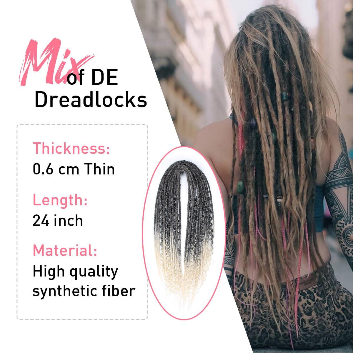 KRALER KRALER 24 Inch Mixed DE Dreadlock Extensions Sets, 3 in 1 20 Strands Synthetic Double Ended Dreads Extensions, Gray to Blonde Hippie Crochet Dreads Style for Girls