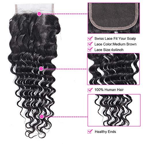 FQ Deep Wave Bundles with Closure Brazilian 10A Human Hair Bundles(26 28 30+20 Closure)Deep Weave Curly Human Hair 3 Bundles with 4x4 Lace Closure 100% Unprocessed Virgin Human Hair Bundles Natural Color