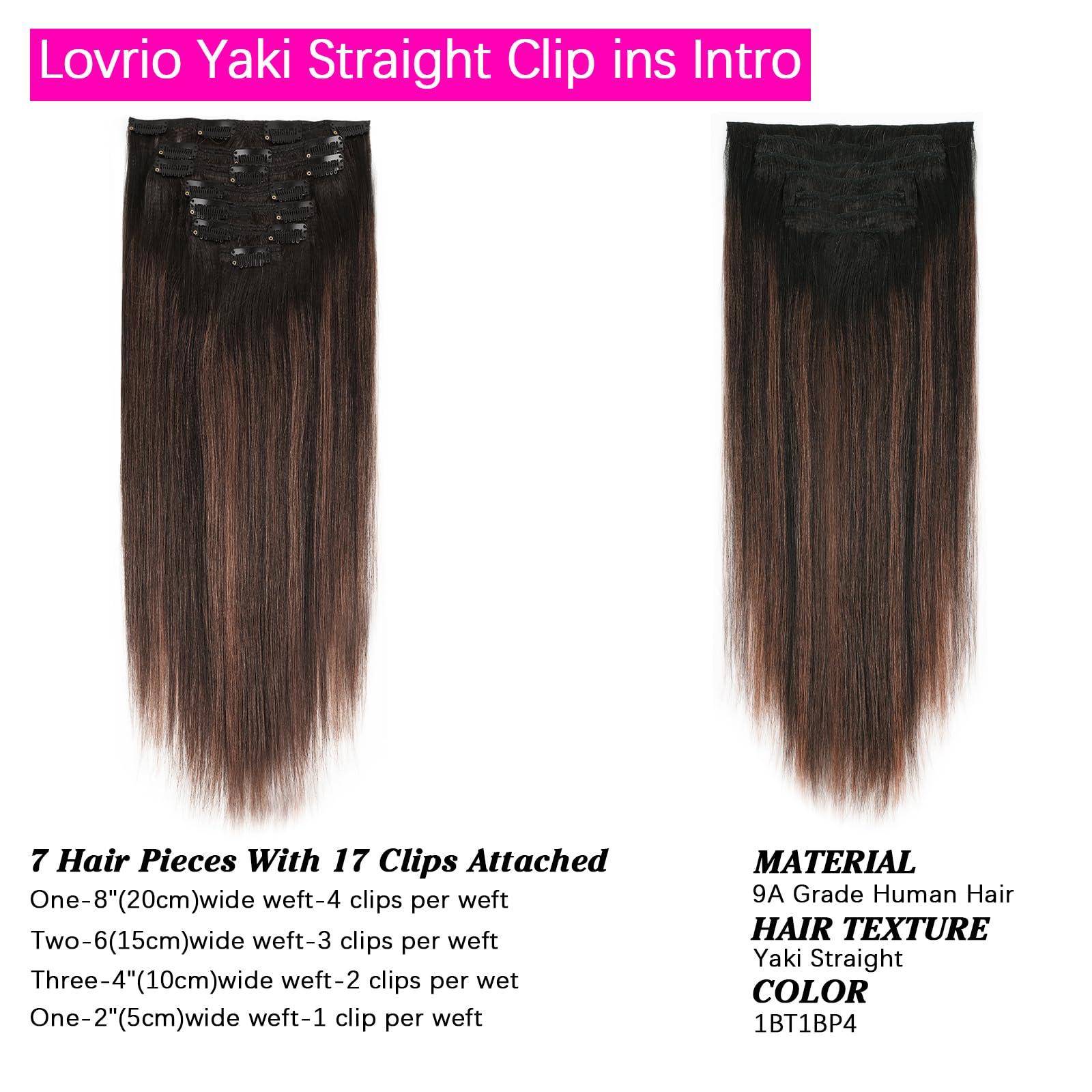 LOVRIO Lovrio Yaki Straight Clip in Human Hair Two Tone Rooted Black to Natural Black #1B Mixed With Chocolate Brown #4 Light Yaki Clip in Remy Human Hair for Black Women Yaki Hair 20 Inch 120G