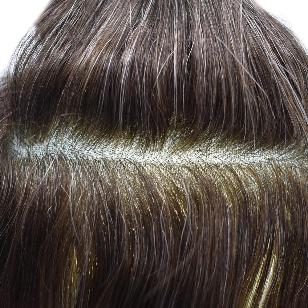 PUNRU HAIR PUNRU HAIR Human Hair System For Men Lace Front With Poly Mens Toupee Natural Hairline Mens Hair Replacement System Bleached Knots Hairpiece 8\"X10\" #320 Dark Brown with 20% gray-100% density