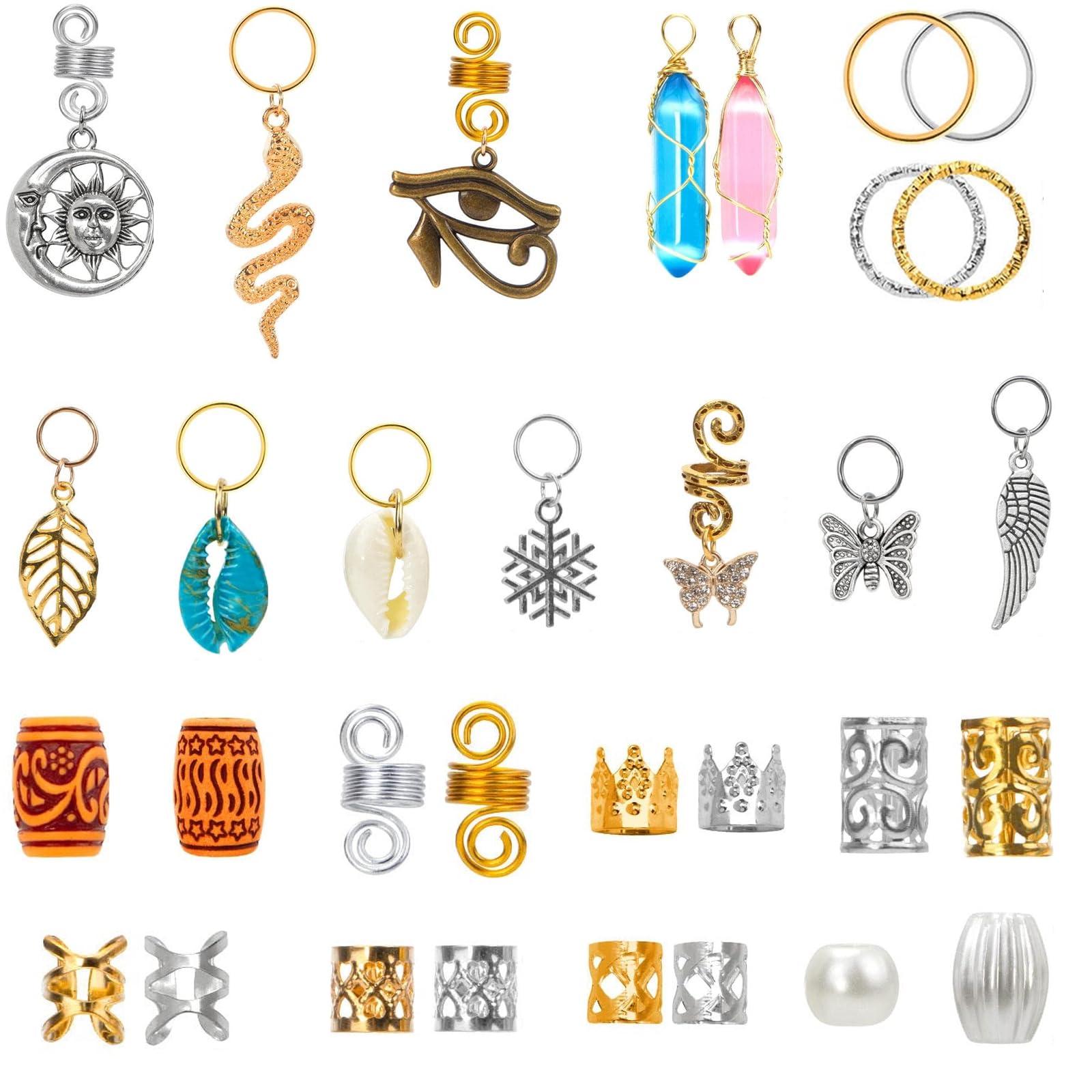 Tuefuzy 200 Pcs Hair Beads Jewelry, Dreadlock Jewelry for Hair Braids, Hair Accessories Gem Crystal Hair Charms, Metal Hair Coils Rings, Gold and Silver Hair Pendants, Braid Cuffs, Clips