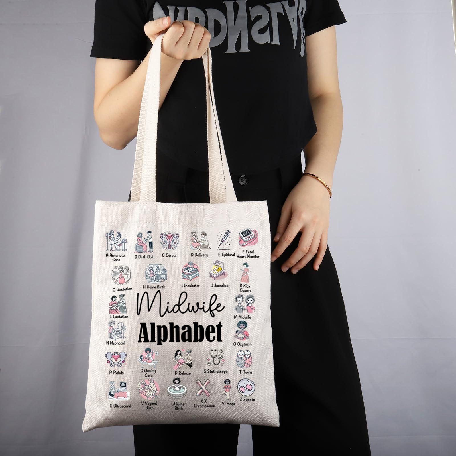 MNIGIU MNIGIU Midwife Gift Midwife Appreciation Gift Labor and Delivery Gift Midwife Alphabet Tote Bag for CNM (Midwife Alphabet)