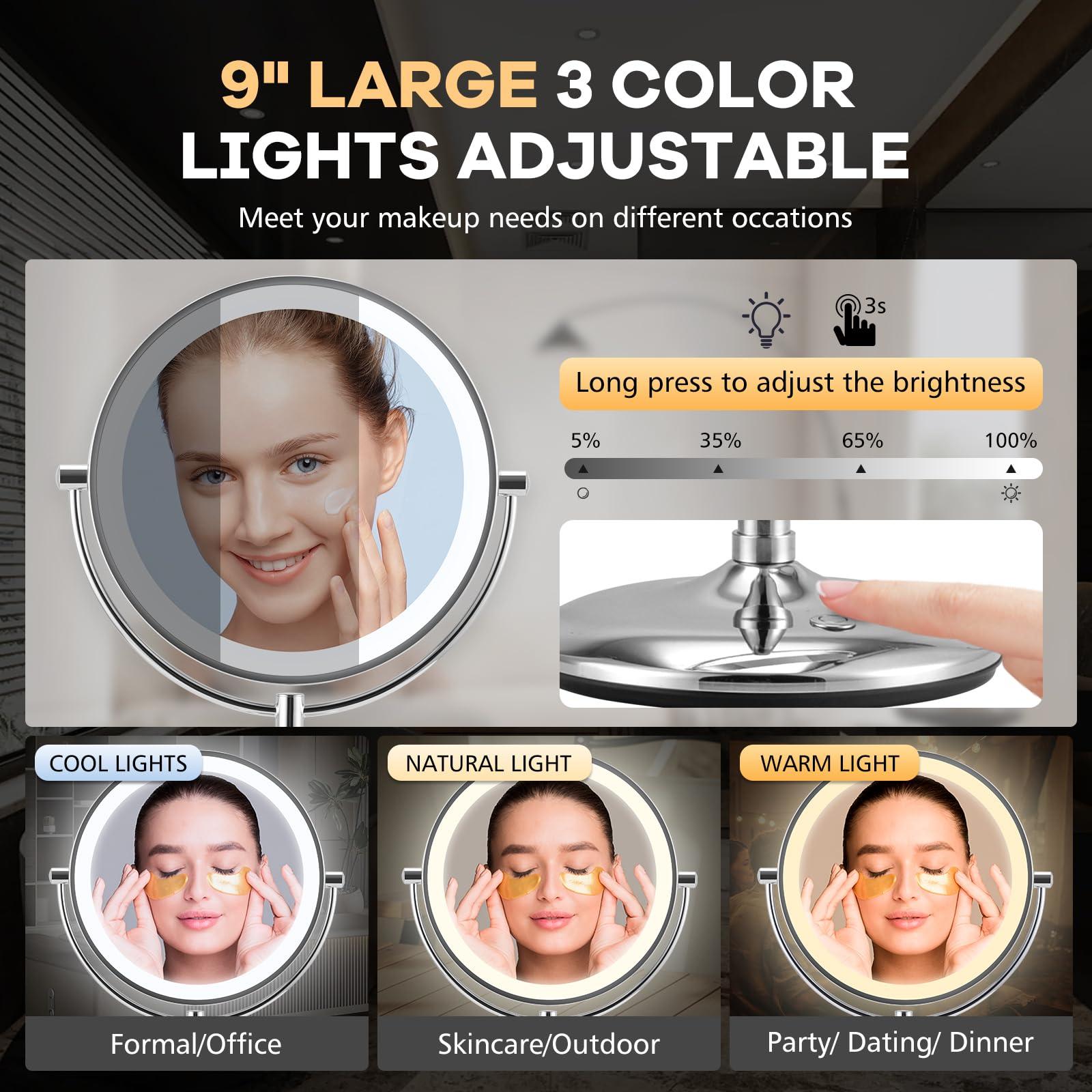 M MIVONDA 15x Magnifying Mirror with Light, Lighted Magnifying Vanity Mirror, 1 Button Contral 3 Color & Brightness Adjustable, 360Rotation Double Side Magnifying Mirror, Gift for Men & Women-Chrome LED