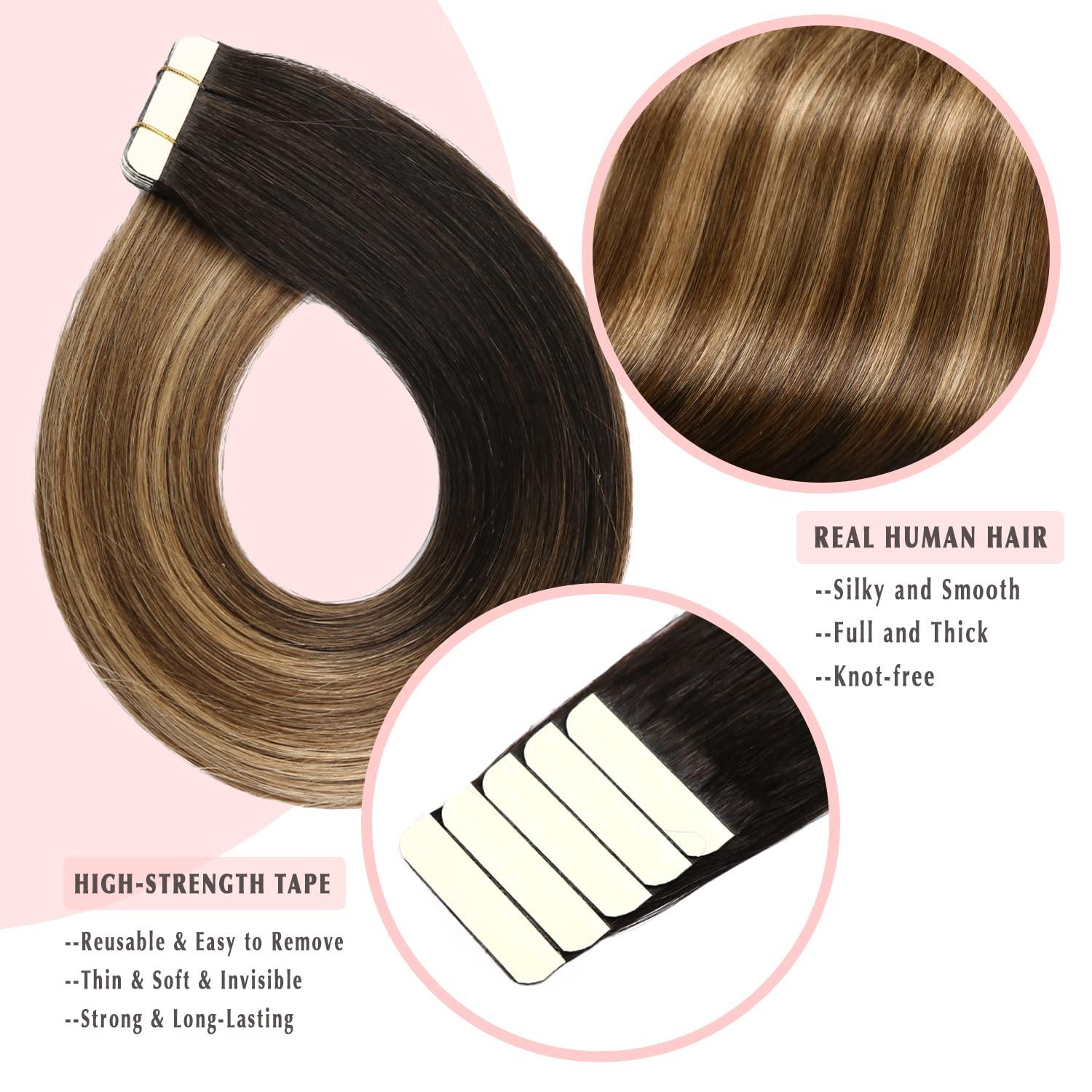 SURNEL SURNEL Tape in Hair Extensions Human Hair 16 inch Tape in Hair Extensions Color 1B Fading to 4 Brown Highlighted 27 Blonde Tape Hair Extensions 20 pcs 50g(#1B/4/27-16)