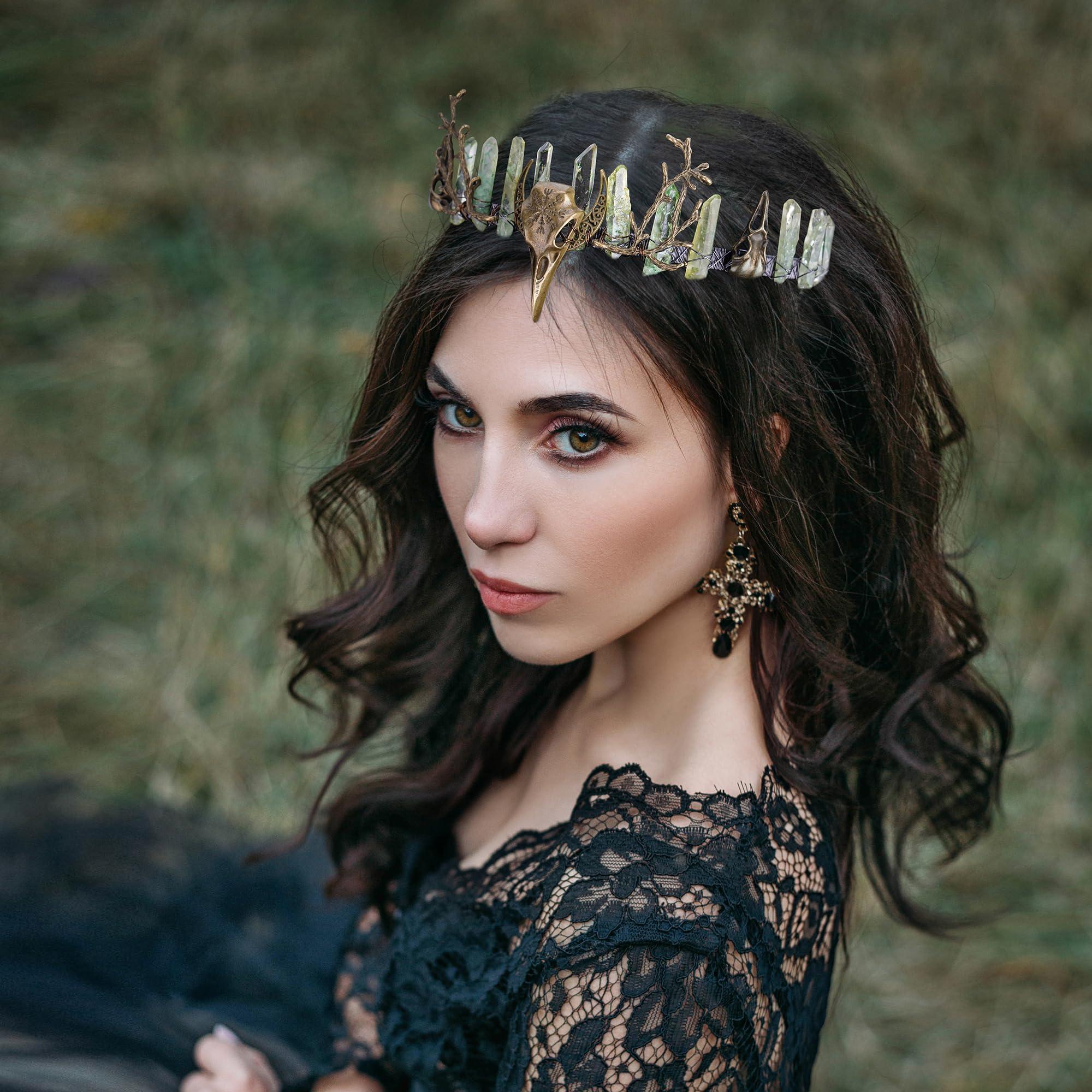 CoTeeZa CoTeeZa Green Fairy Crystal Crown - Handmade Raw Quartz Tiara with Bronze Crow Branch Moon Elf Headpiece Fantasy Forest Witch Crown Wedding Renaissance Halloween Cosplay Woodland Headband