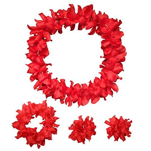 YAXAMING Hawaiian Leis Luau Tropical Headband Flower Crown Wreath Headpiece Wristbands Women Thicker Necklace Bracelets Hair Band For Summer Beach Vacation Pool Party Decorations Favors Supplies Set Red