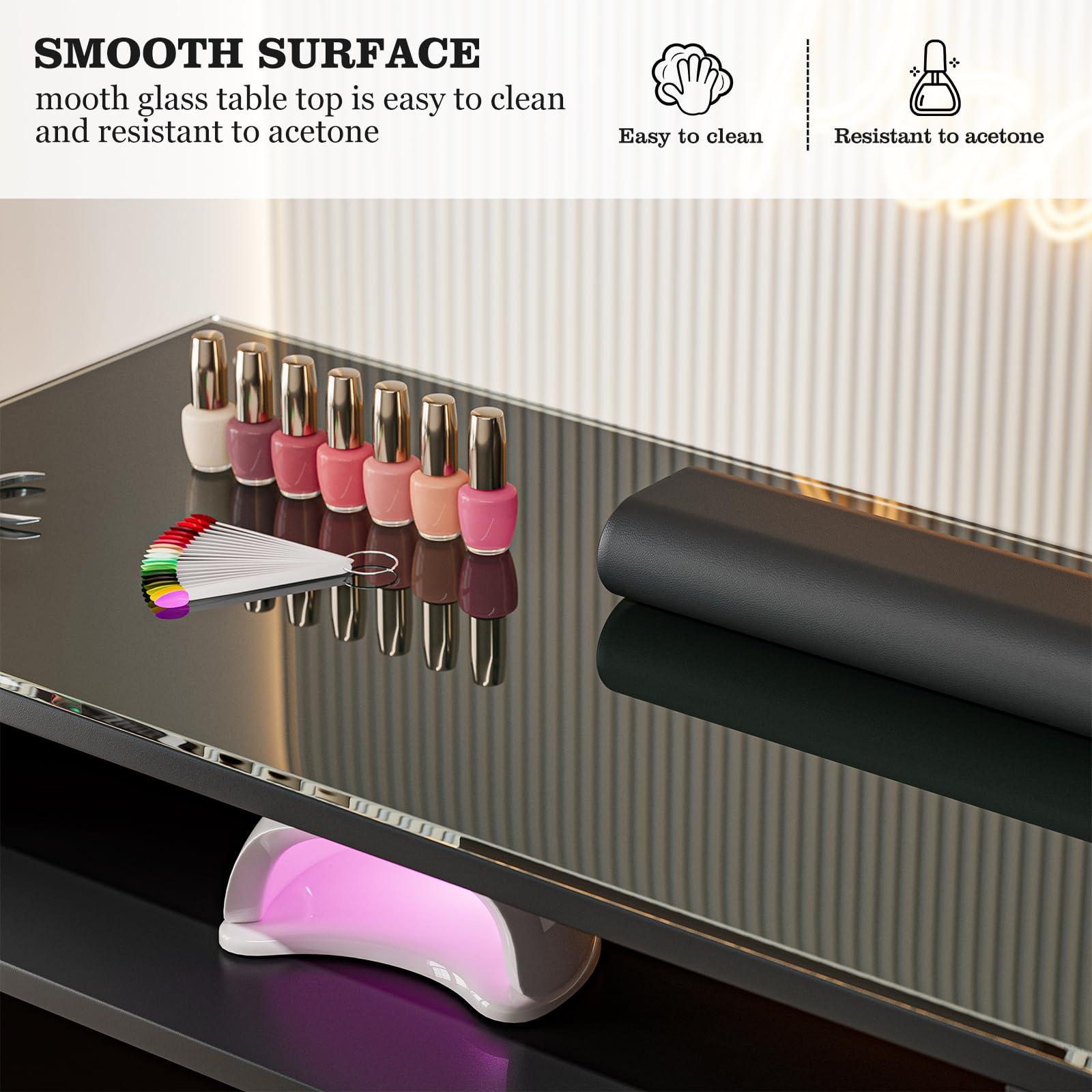 Paddie Paddie Double Manicure Table, Nail Desk for Nail Tech w/Glass Top & Wrist Rest, Nail Beauty Workstation w/3 Storage Drawers & 8-Tiers Open Shelves(Black)