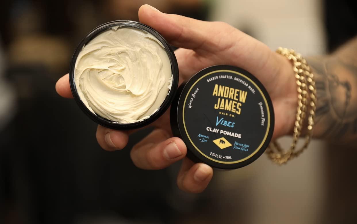 ANDREW JAMES Clay Pomade 2.75 Ounce | Natural Matte Finish Pomade | Firm Hold Pomade | Provides A Fuller Look For Your Hair | No Comb Needed To Style Your Hair | Best For Textured Styles Hair | Putty Texture Pomade | Hair Sculpting Pomade | Made In The USA Hair P