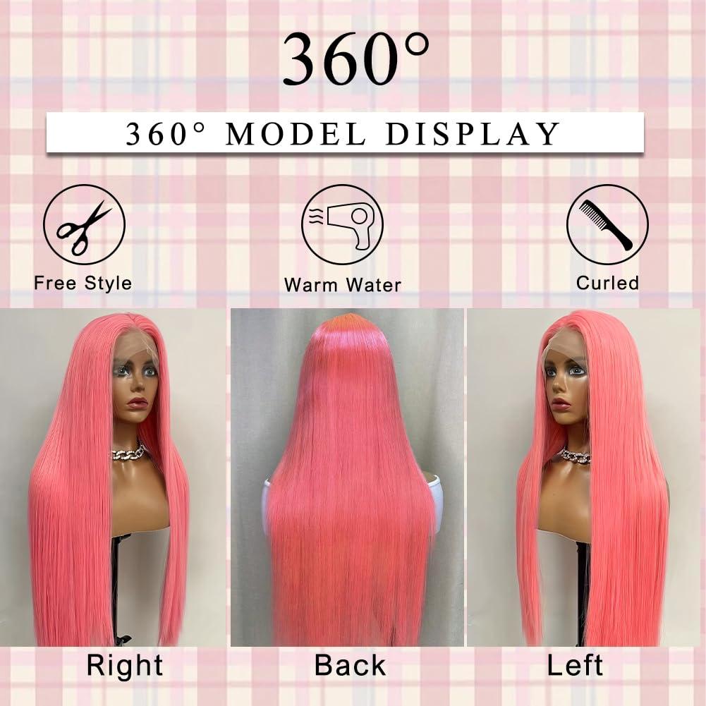MUGOHK MUGOHK Pink Lace Front Wig - Human Hair, 24 Inch, Straight, HD Lace Frontal, Pre-Plucked with Baby Hair, 150 Density