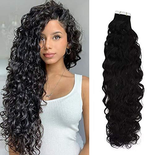 RJ HAIR 28inch Tape in Hair Machine Made Reay Human Hair Tape Hair 40pcs/100g Brazilian Deep Curly Remy Hair Extensions (26inch 40pcs, Natural Color)