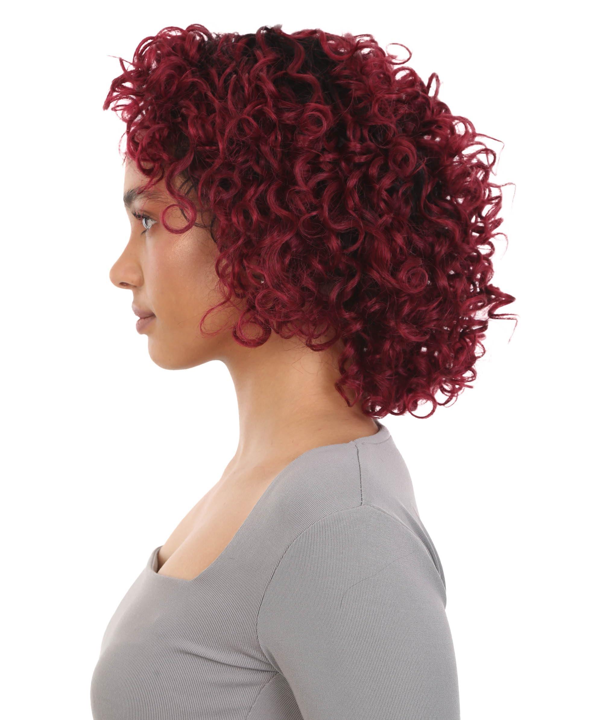 LUXLUXE LUXLUXE Lanelle Curly Jaw-Length Cut 11 in Long Side Part Wig, Heat Stylable Human Hair, BLH-0007 (Black to Red Blend)