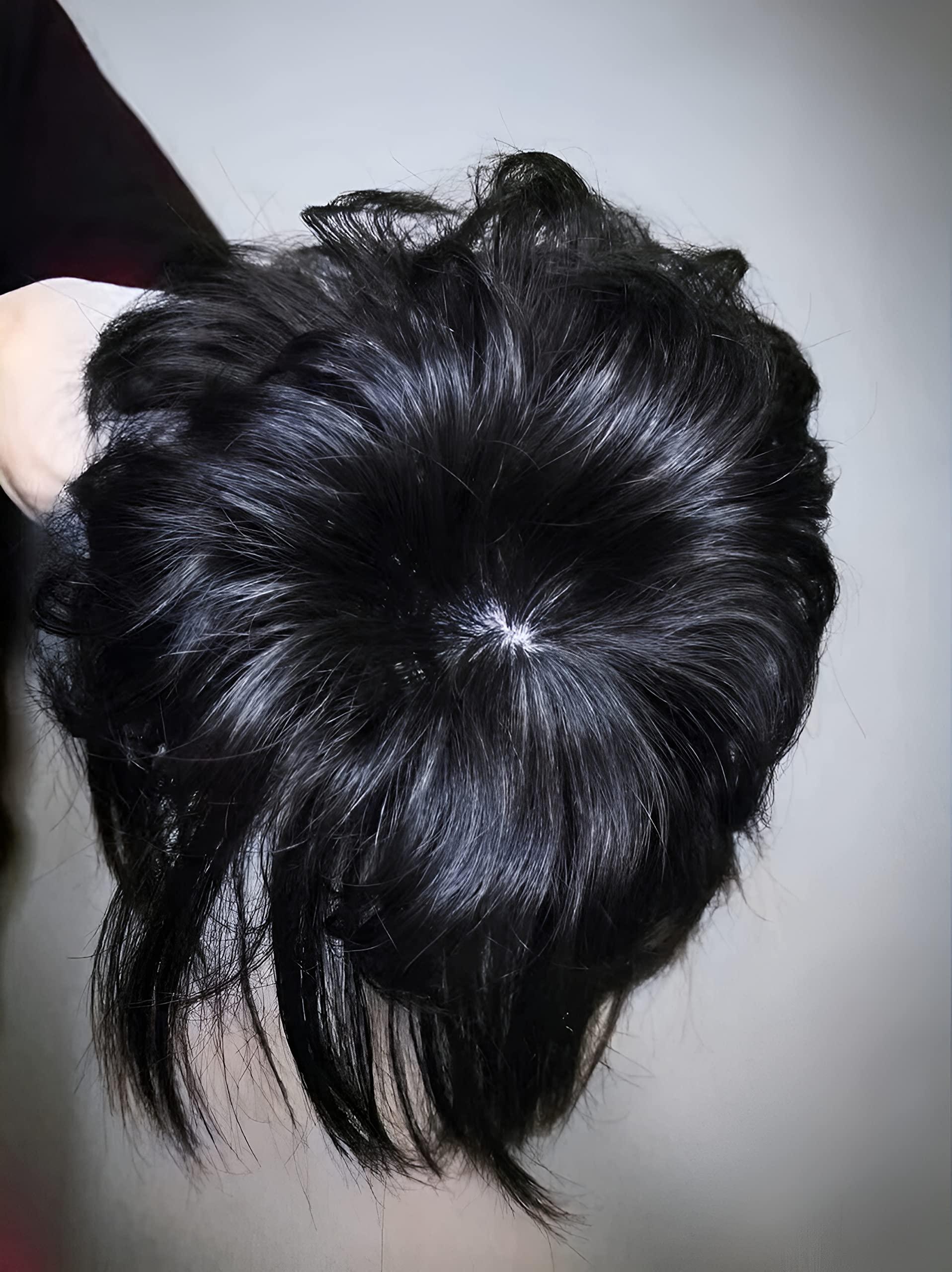 BESTOPPER BESTOPPER Human Hair Short Curly Hair Toppers For Women,16X18cm Womens Large Base Pixie Hair Toppers For Thinning Bouffant Hairstyles Short Hair Hair Extensions (Jet black(1#), Wavy/straight)