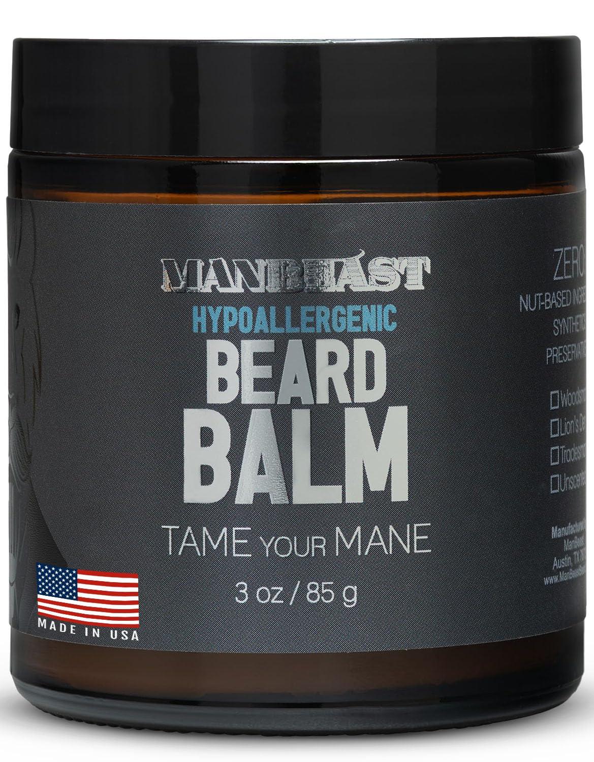 ManBeast ManBeast Hypoallergenic Beard Balm for Men - Nut Free and 100% Natural Beard Balm, Beard Conditioner for Men with Light Styling Hold, Mens Beard Balm Beard Oils - Made from Seed-Based Oil (Lion\'s Den)