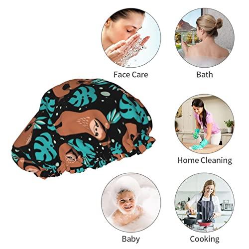 IDNUYIA Cute Sloth Shower Cap For Women, Layers Bathing Shower Reusable Elastic Band Stretch Hem Hair Hat