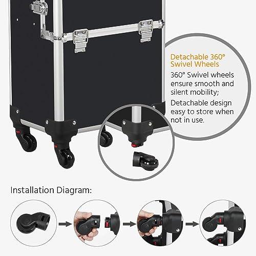 Yaheetech Yaheetech Rolling Makeup Train Case 3 in 1 Cosmetic Makeup Case Large Aluminum Trolley Makeup Travel Case Professional Rolling Cosmetic Beauty Storage, with 360 Swivel Wheels, Black