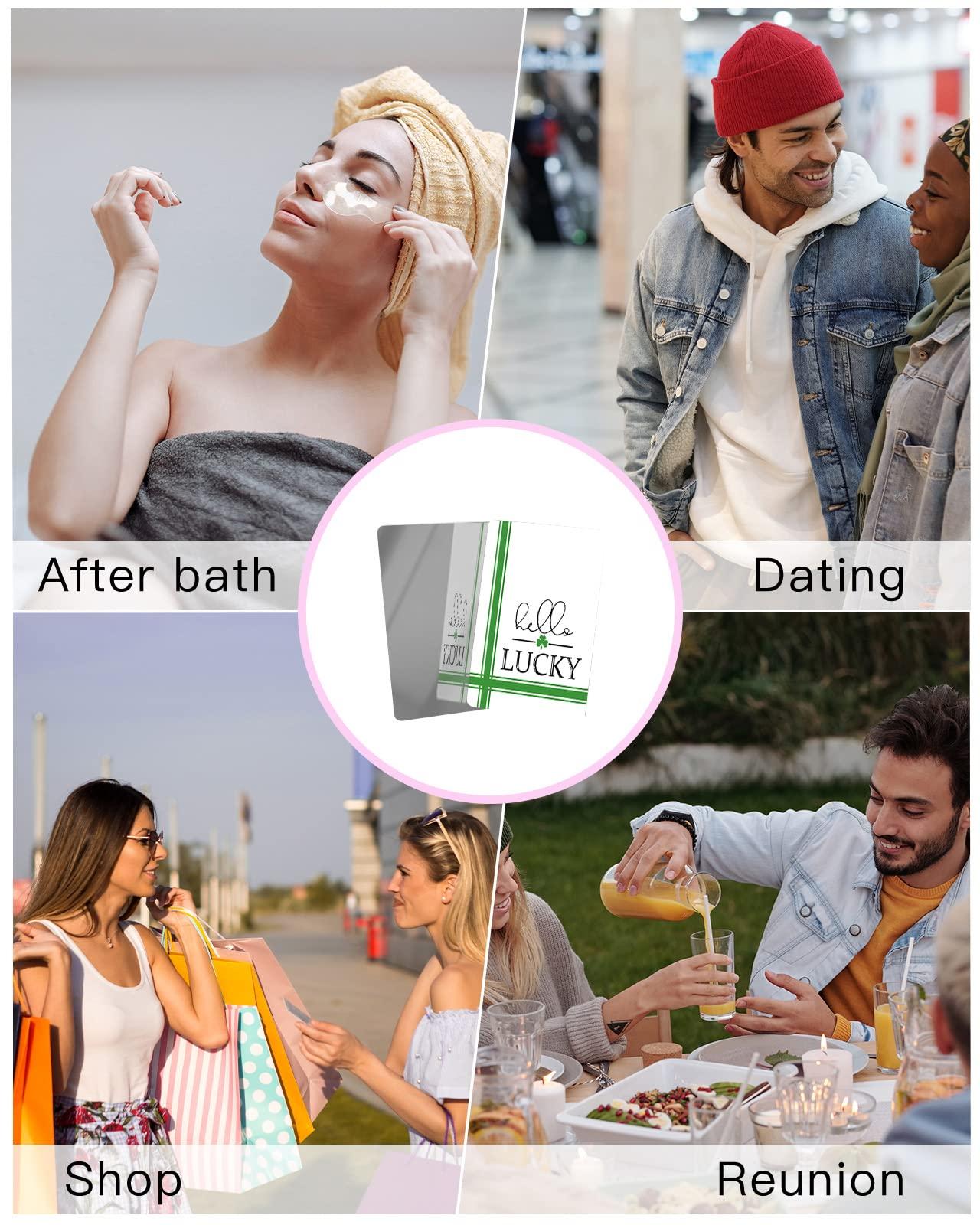 OComster OComster St. Patrick\'s Day Hello Lucky Compact Mirror Bulk 2 Pack Card Mirror, Lucky Clover Green Simple Line Small Compact Mirror for Purse, Rectangular Handheld Pocket Makeup Mirror