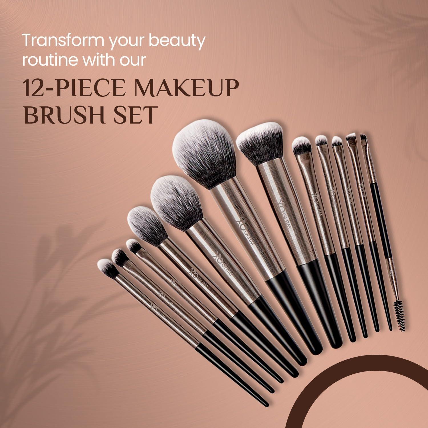 XO Glam XO Glam 12Pcs Classic XO Black Makeup Brush Set Premium Synthetic Blending Powder Concealer Contour Eyeliner Shader Eyeshadow Smudge Foundation Highlighter Make Up Brush Kit