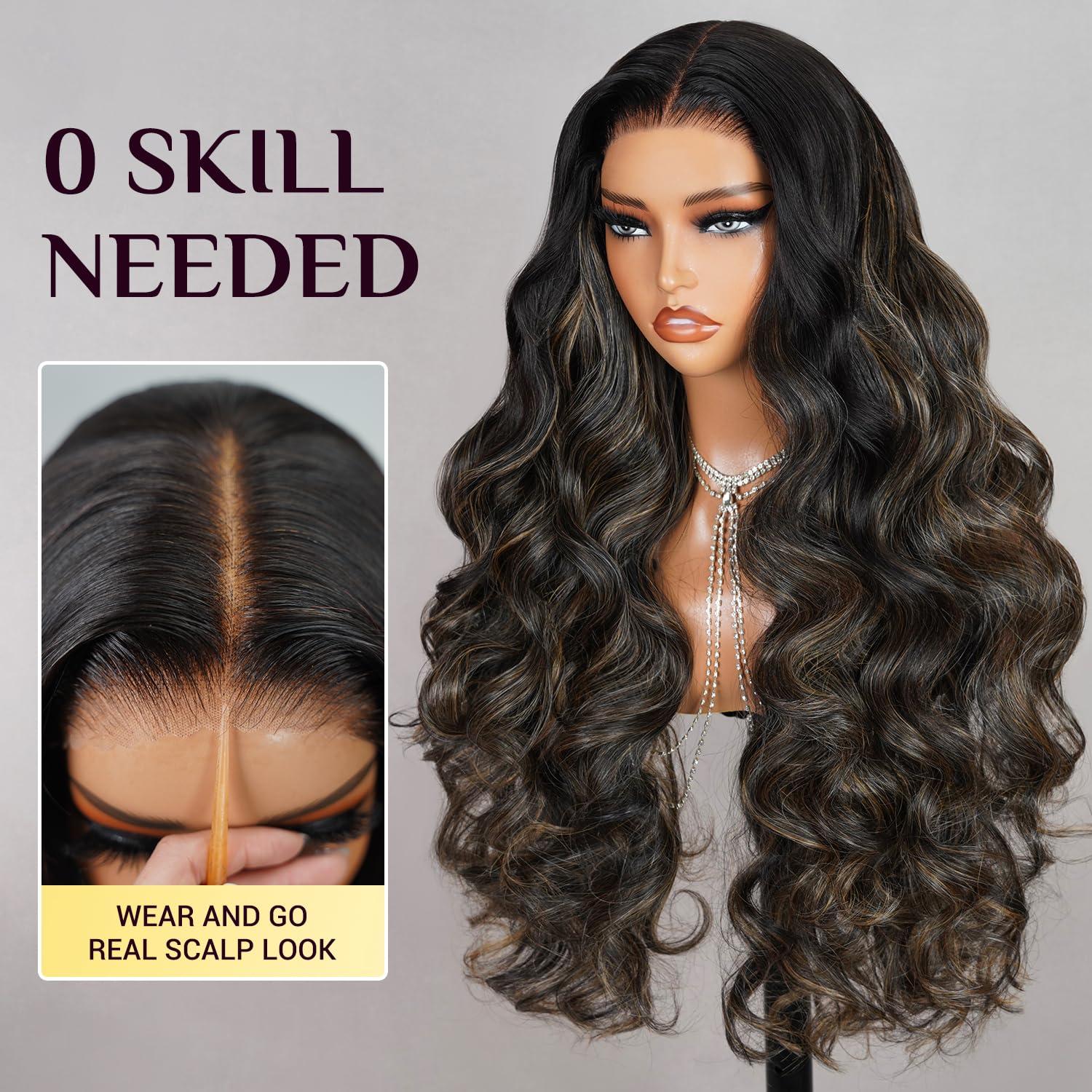TESLAL TESLAL Balayage Wear and Go Glueless Wig Pre Cut HD Lace 6X6 Lace Wig 26 Inch 260% Density 1B/27 Highlight Body Wave Human Hair Blend Premium Fiber Wigs By Crafted Technology