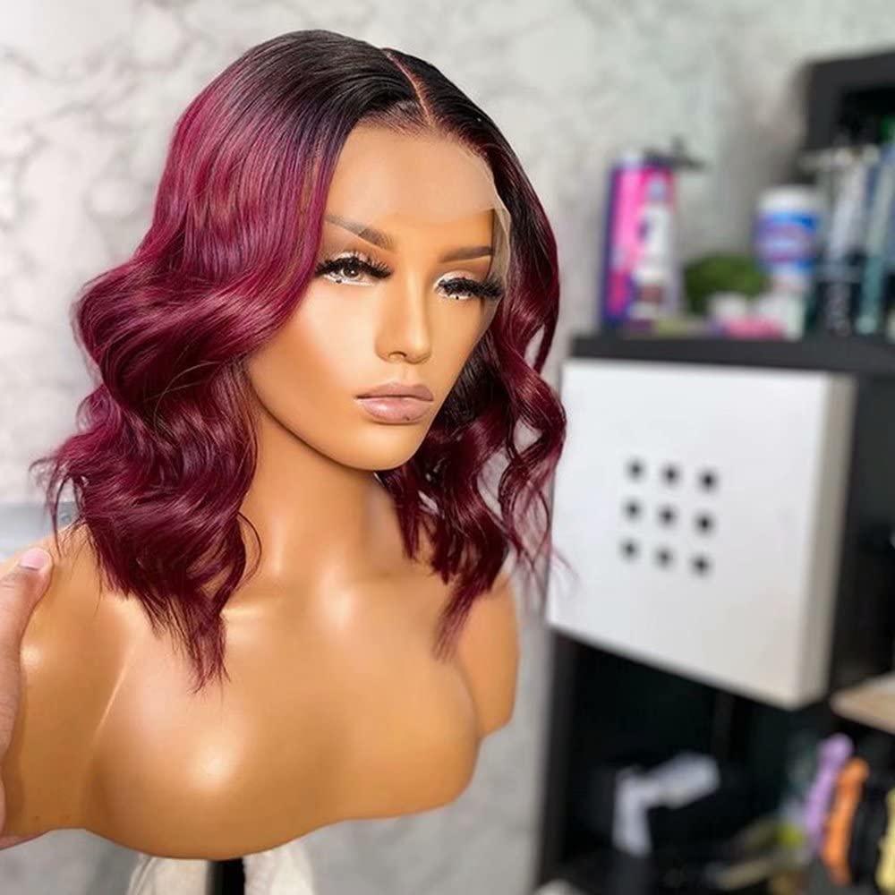 Imeya Imeya 12 Inch Ombre Dark to Burgundy Wig Human Hair Body Wave Lace Front 13x6 Transparent Lace Short Wave Wig for Black Women Brazilian Remy Hair Pre Plucked Bleached Knots Lace 150% Density