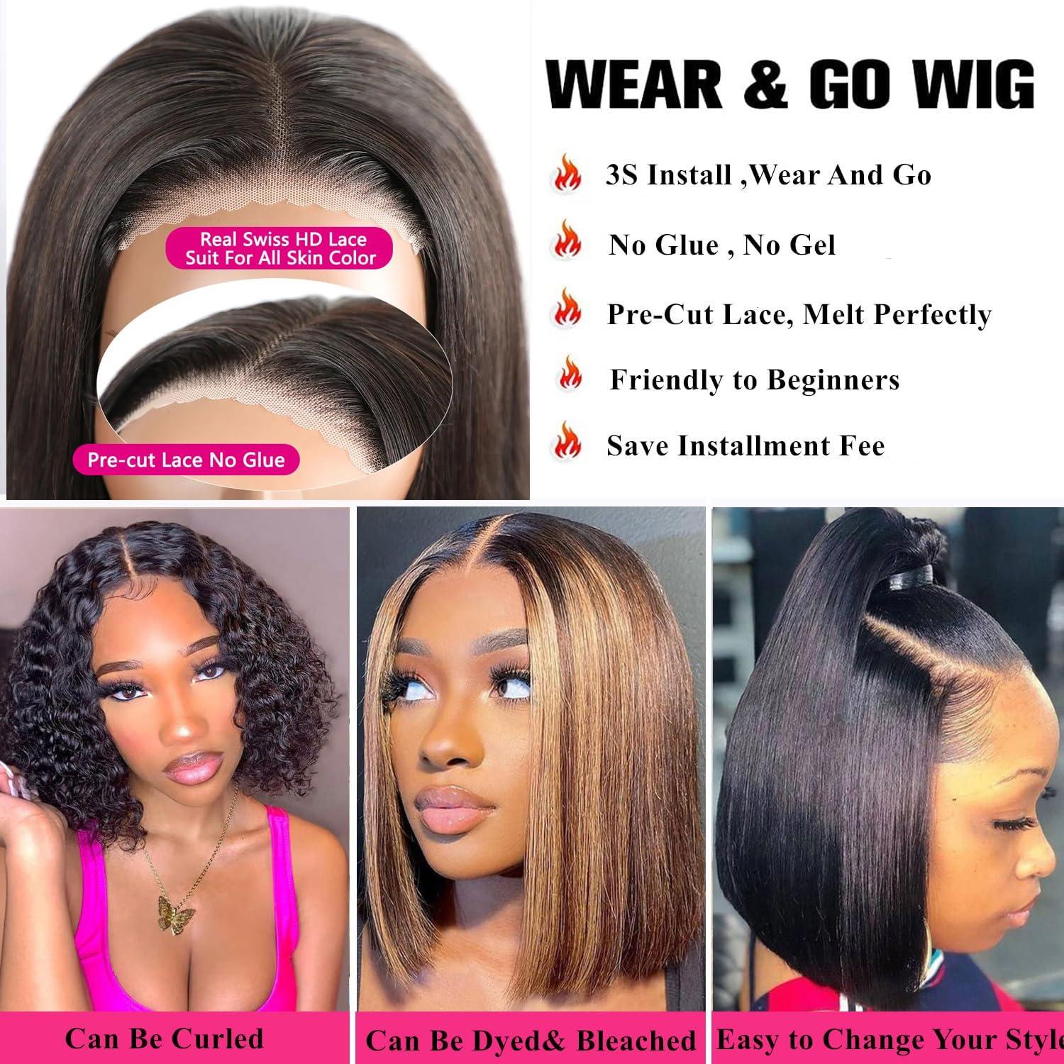 JFOOHD Bob Wig Human Hair Wear and Go Glueless Wigs Human Hair Pre Plucked Pre Cut Bob 4x4 HD Lace Closure Wig Short Straight Bob Human Hair Wigs for Black Women Upgraded No Glue Bob Wig 180% Density 10 Inch