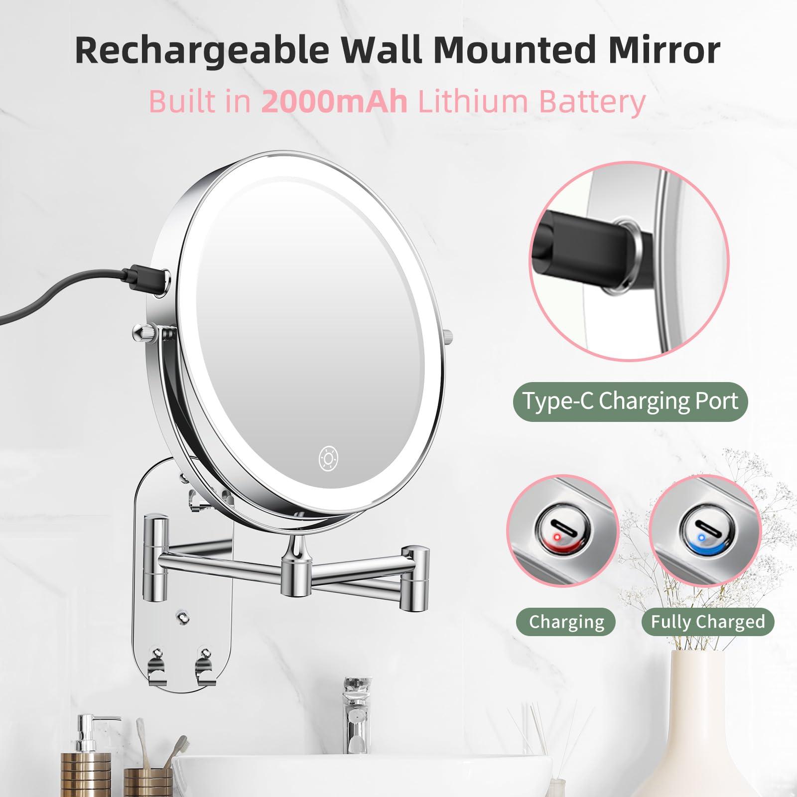 FUNTOUCH FUNTOUCH Wall Mounted Lighted Makeup Mirror, Rechargeable 8\" Double-Sided LED Make up Mirror 1X/10X Magnification, 3 Color Lights Dimmable 360 Rotation Wall Mount Mirror with Extension Arm and Hooks