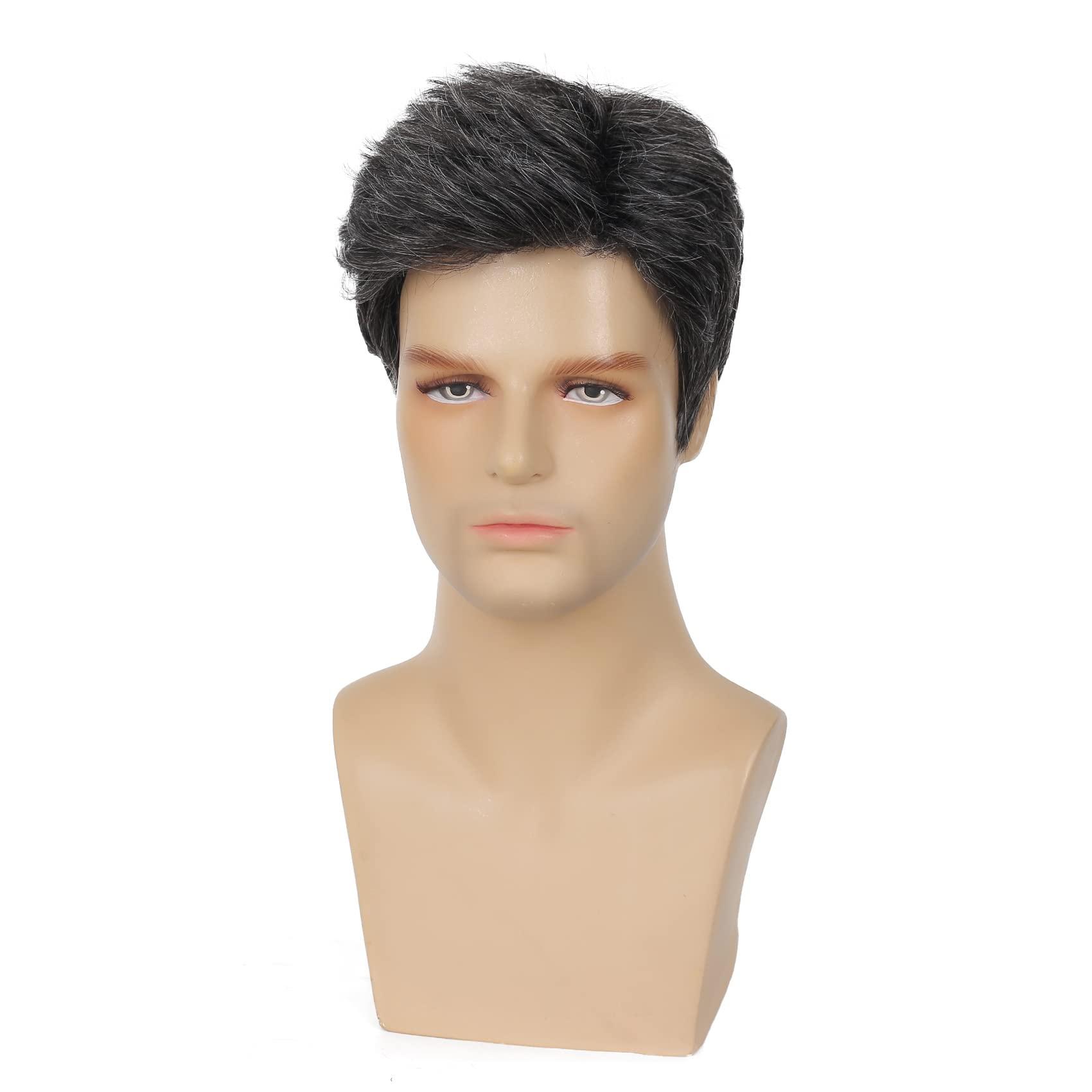 Sallcks Sallcks Mens Short Black Grey Wig Natural Layered Costume Halloween Wigs Synthetic Heat Resistant Hair Replacement Wigs for Male Guys (Black Mixed Grey)