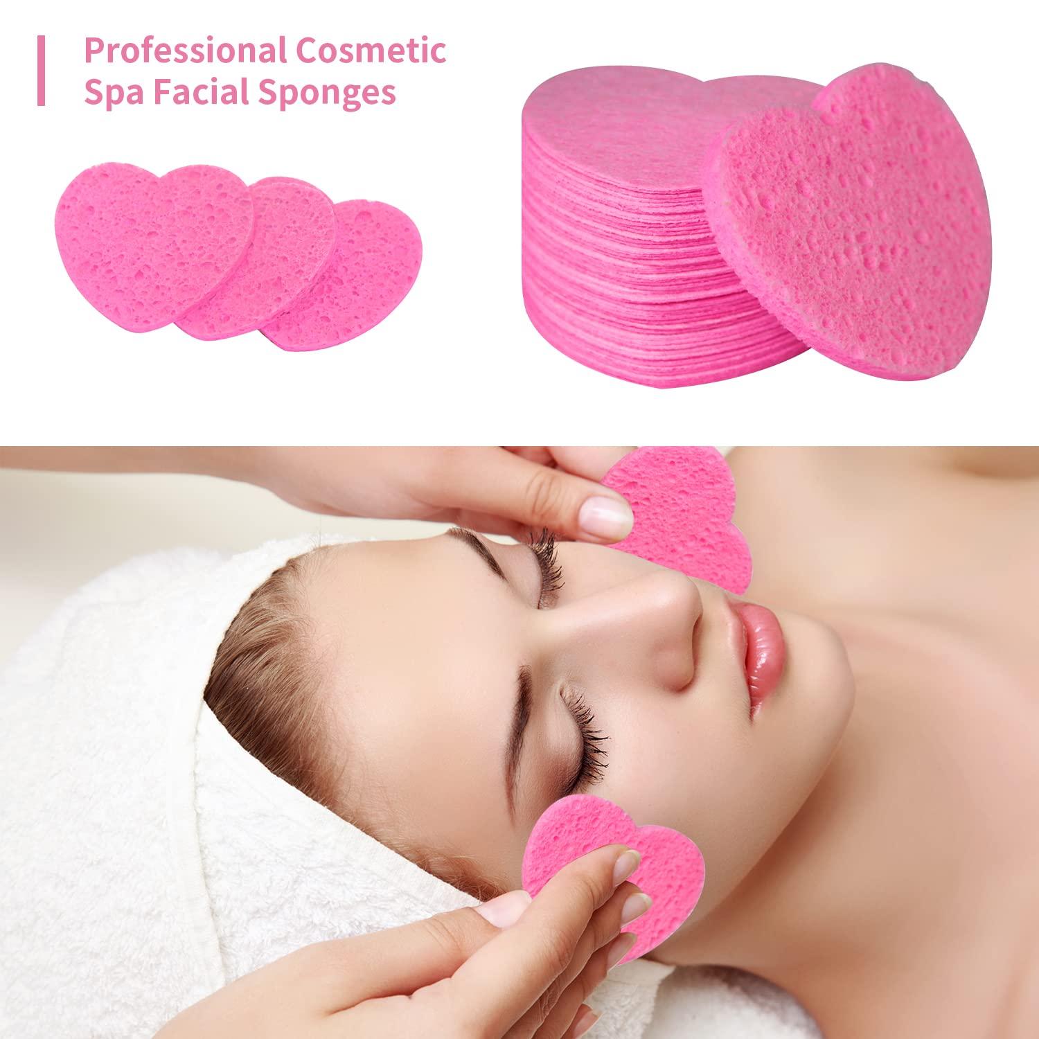 Spunspon 50 - Count Little Heart Cellulose Facial Sponges + 8pcs Wet and Dry Dual-use Makeup Puff, Pink