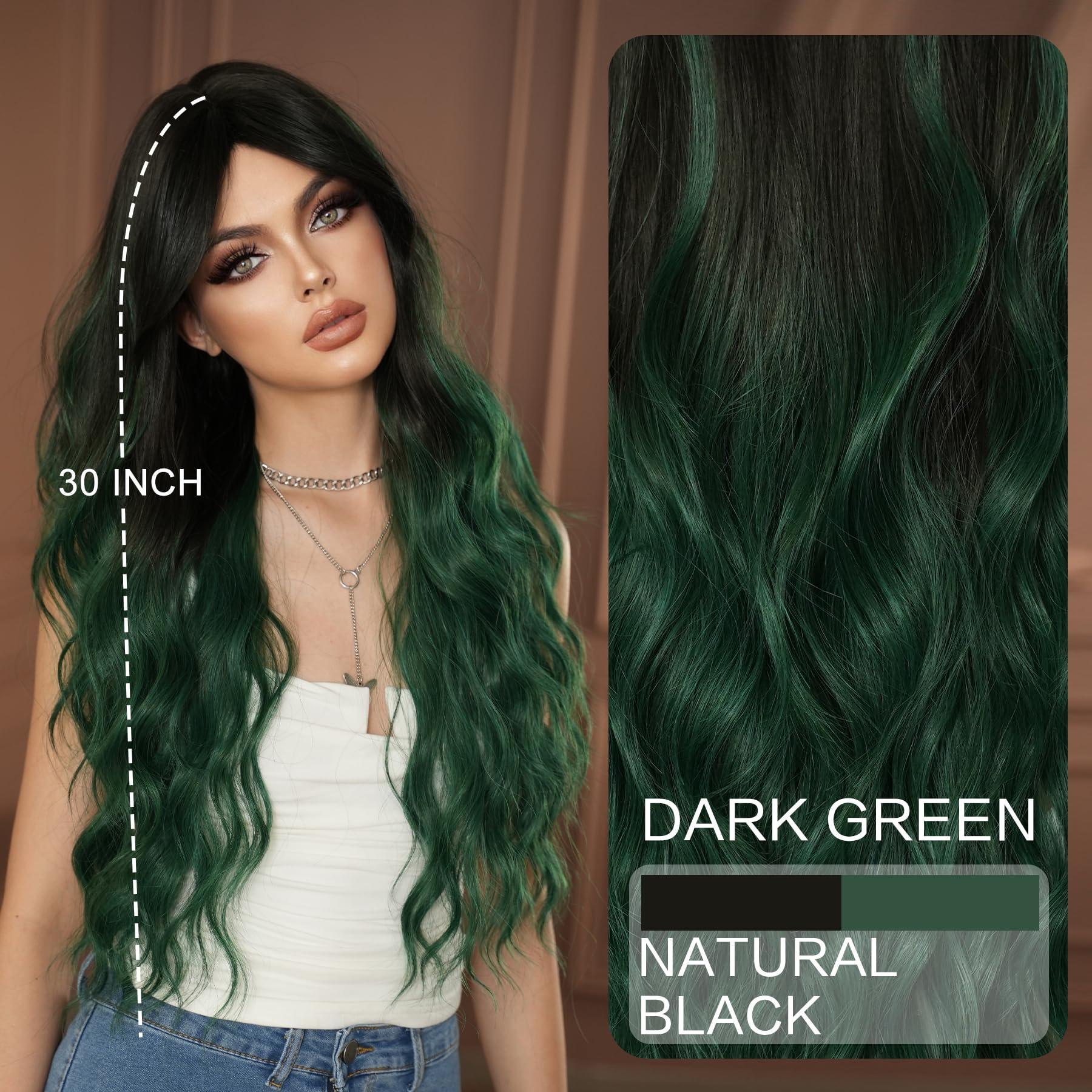 7JHH WIGS 7JHH WIGS Long Wavy Synthetic Dark Green Ombre Wigs with Dark Roots Black Green Ombre Hollween Curly Cosplay Party Wigs for Women Used