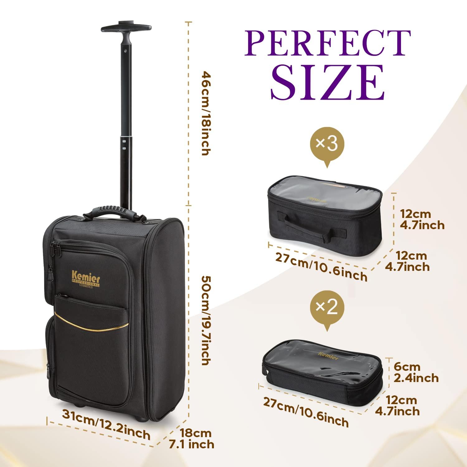 Kemier Kemier Travel Makeup Train Case - Professional Rolling Cosmetic Case Portable Artist Makeup Backpack with Wheels Large Capacity Trolley Organizer Storage Bag for Women Black