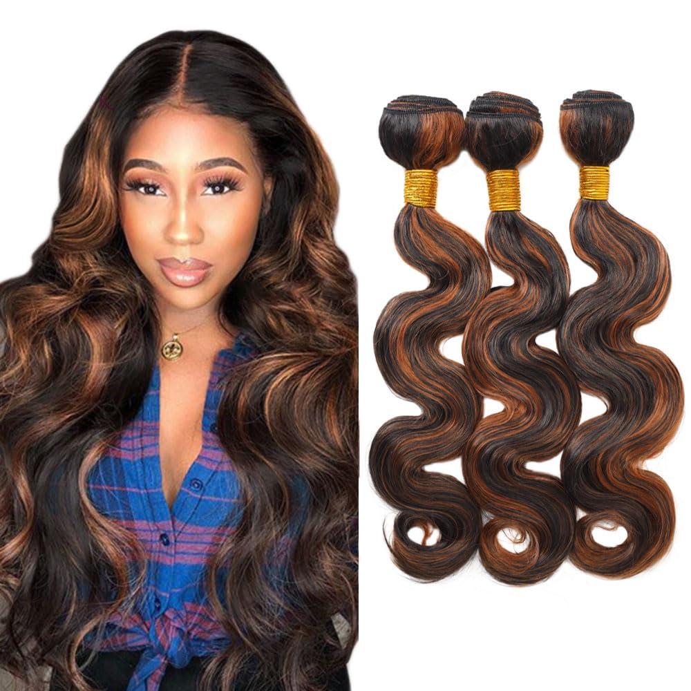 Seeuiegam P1B/30 Highlight Body Wave Bundles Brown Human Hair Bundle Real Brazilian Virgin Brown Body Wave 3 Bundles Two Tone Black and Brown Bundle Double Weft Hair Extensions 14 16 18 Inch